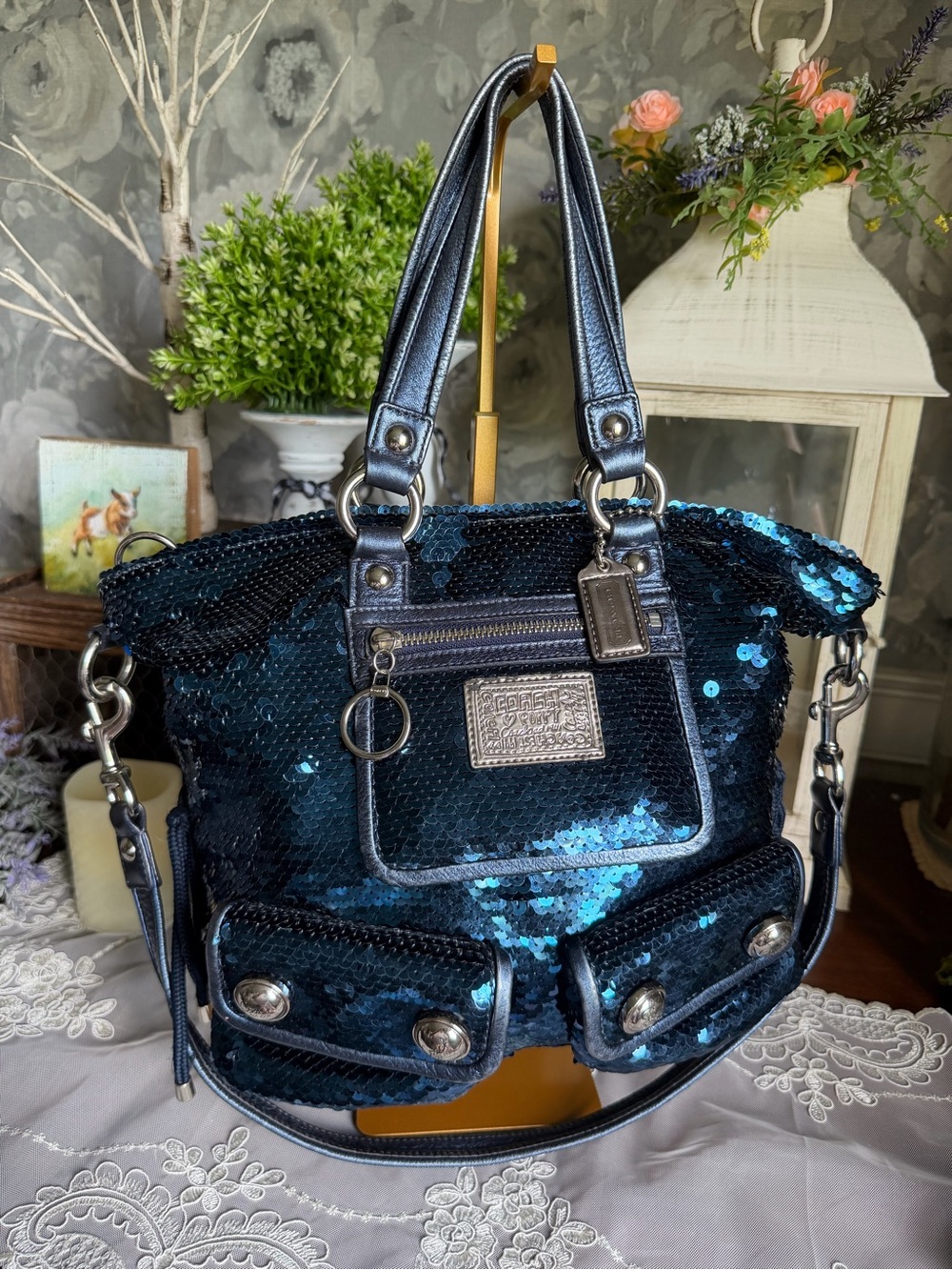 COACH Limited Edition Poppy Blue Sequin Spotlight Tote Shoulder Bag Purse 15383